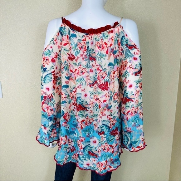 JOHNNY WAS Sz S Top Blue Floral Print Cold Shoulder - Picture 7 of 13